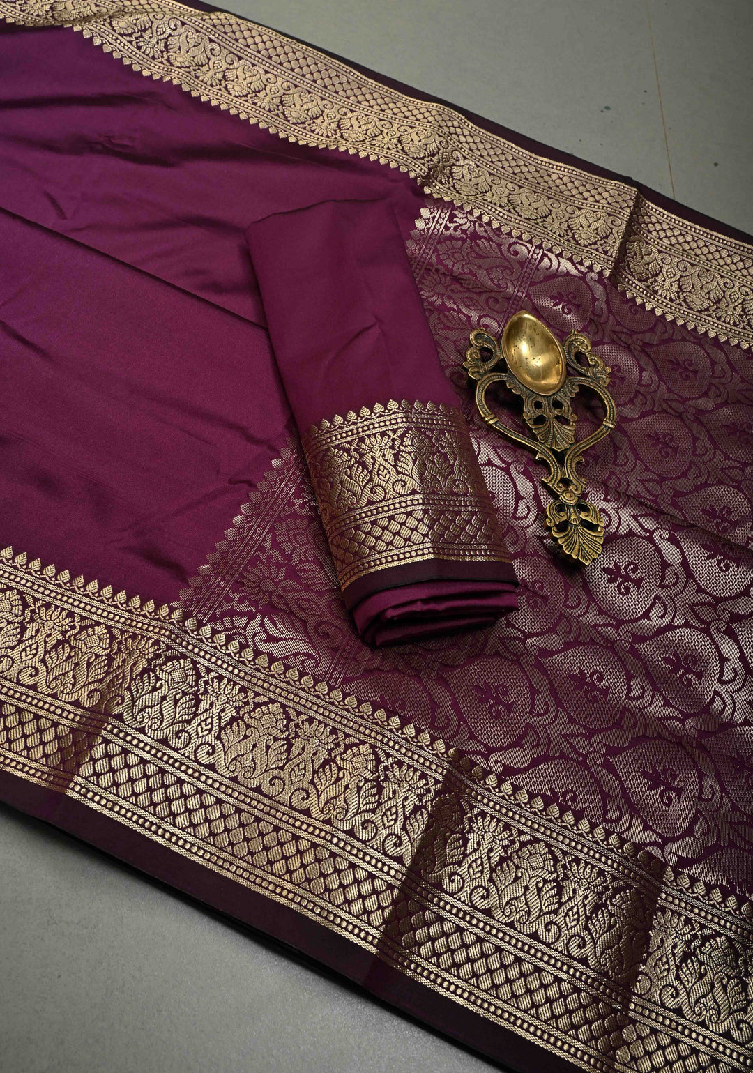 Eggplant Purple Semi Silk Saree with Floral Zari Border | SHOBITAM