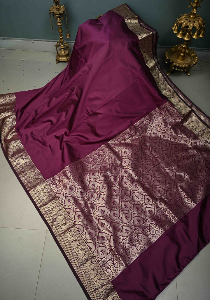 Eggplant Purple Semi Silk Saree with Floral Zari Border | SHOBITAM