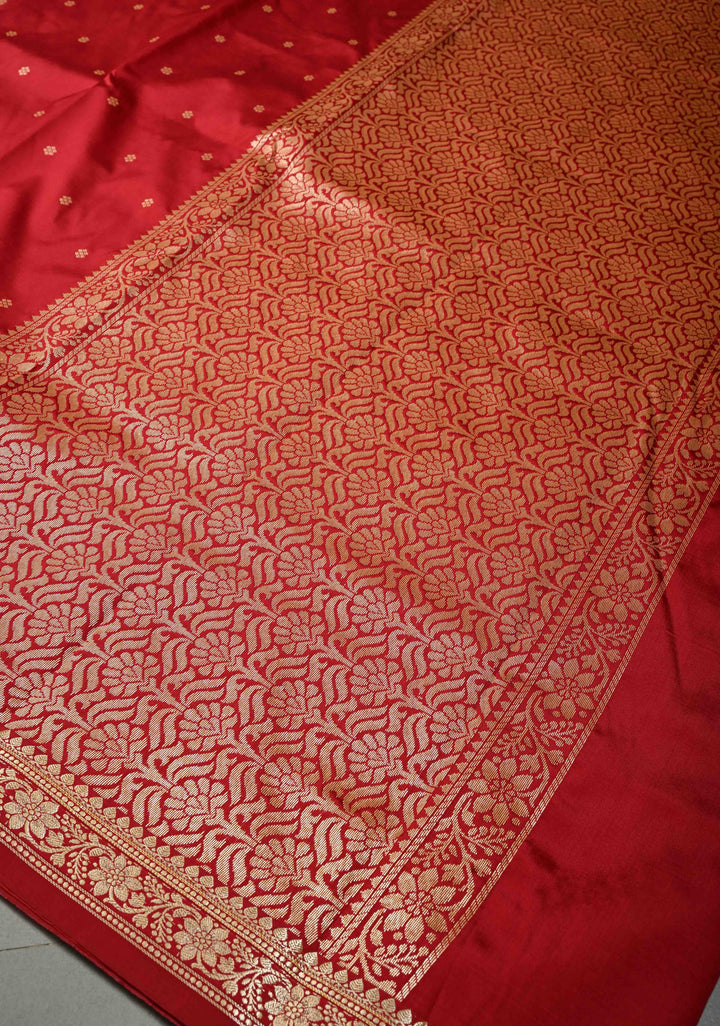 Rose Red Semi Silk Saree with Zari Buttis and Floral Minimal Zari Border | SHOBITAM