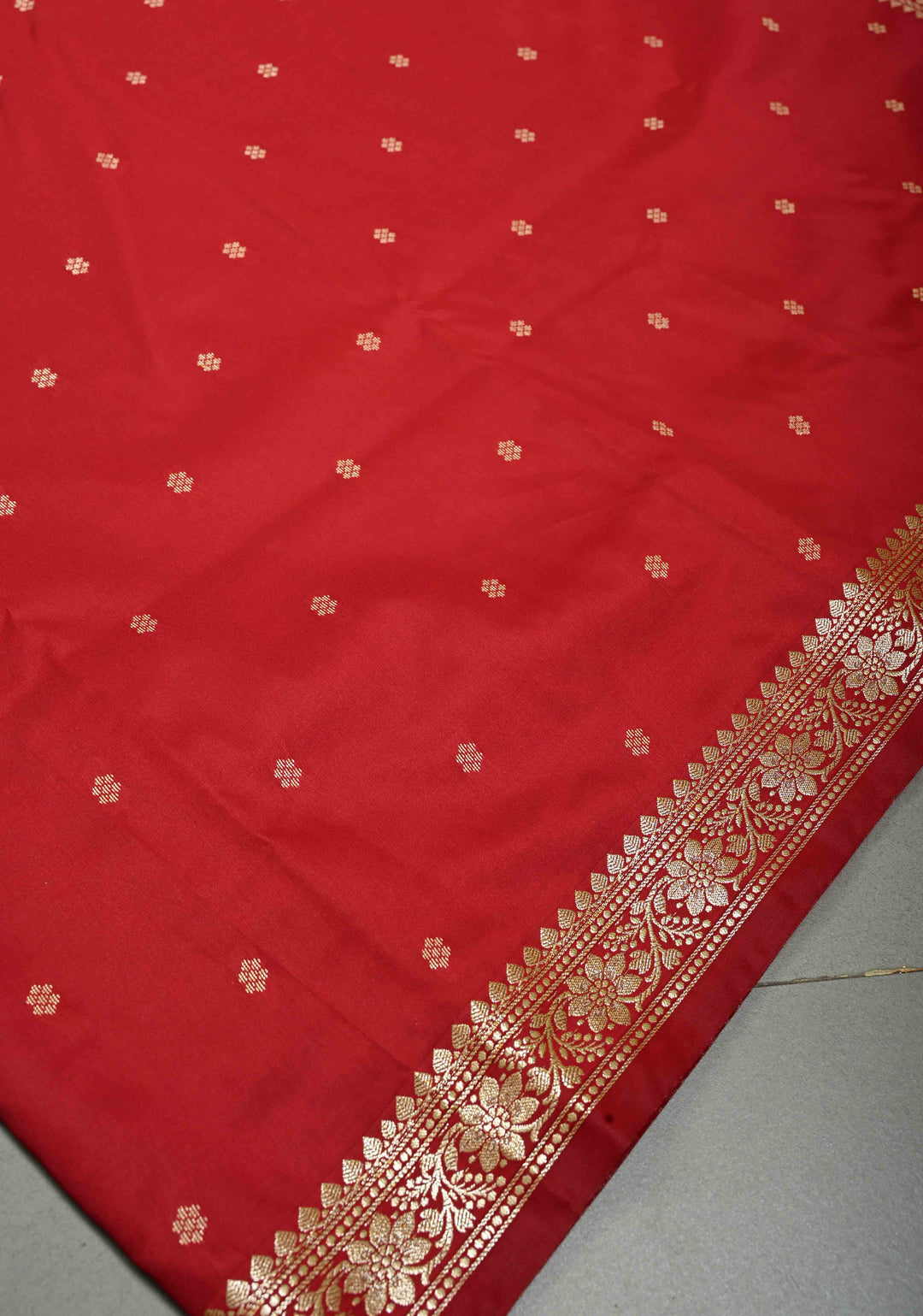 Rose Red Semi Silk Saree with Zari Buttis and Floral Minimal Zari Border | SHOBITAM