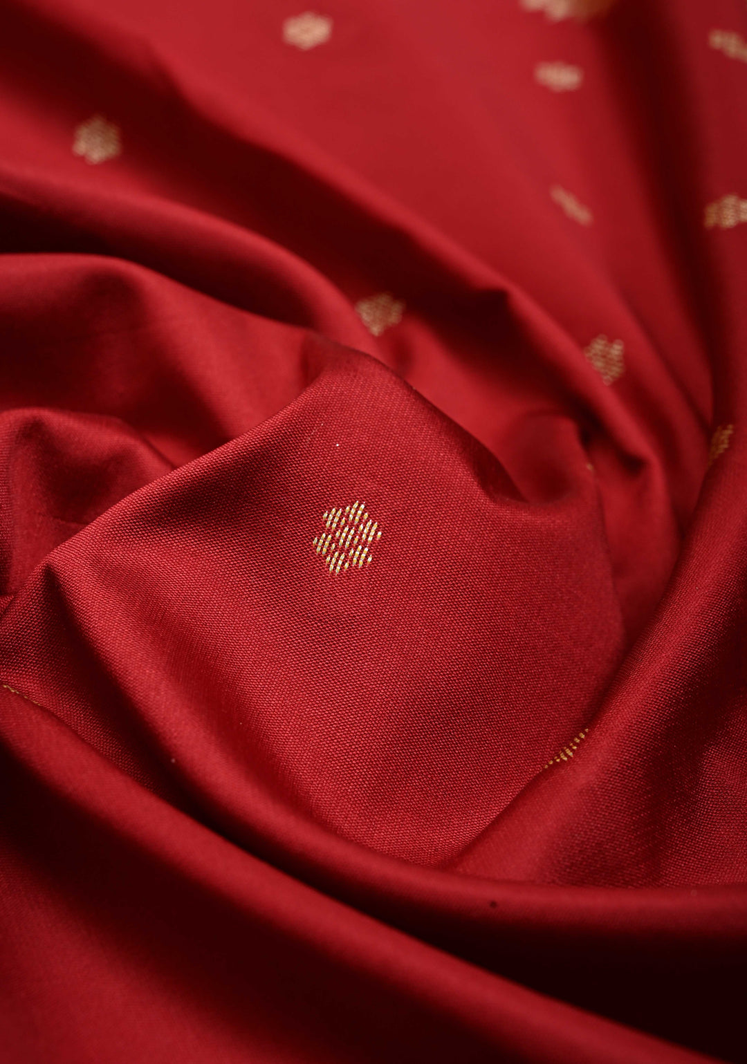 Rose Red Semi Silk Saree with Zari Buttis and Floral Minimal Zari Border | SHOBITAM