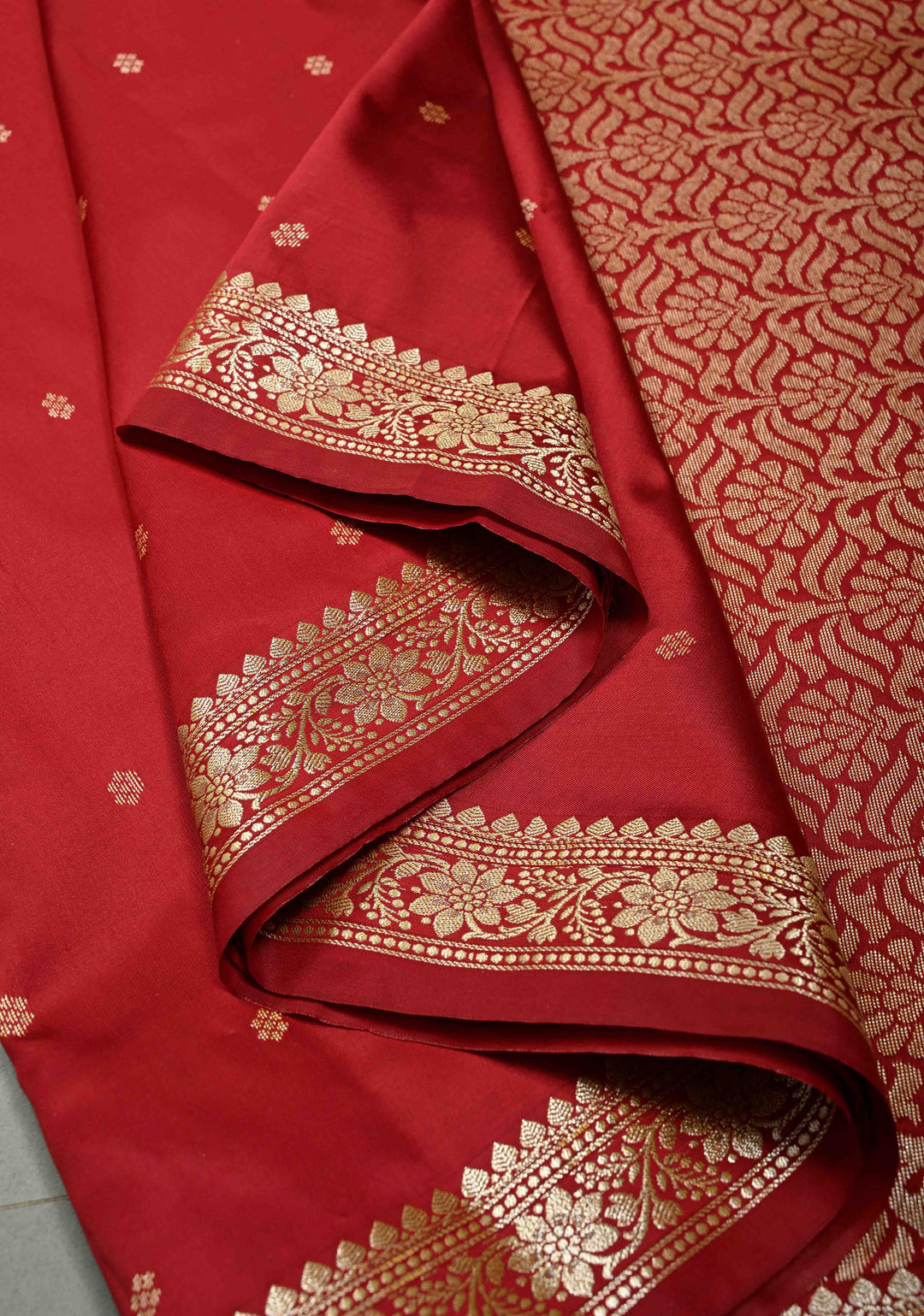 Rose Red Semi Silk Saree with Zari Buttis and Floral Minimal Zari Border | SHOBITAM