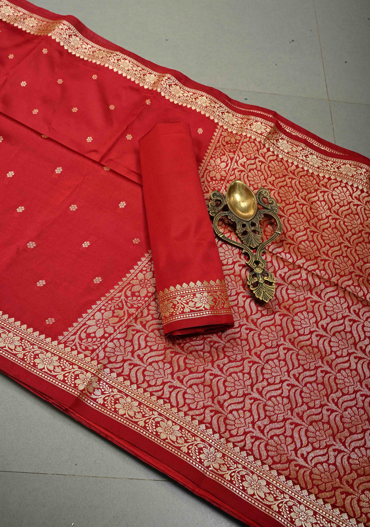 Rose Red Semi Silk Saree with Zari Buttis and Floral Minimal Zari Border | SHOBITAM