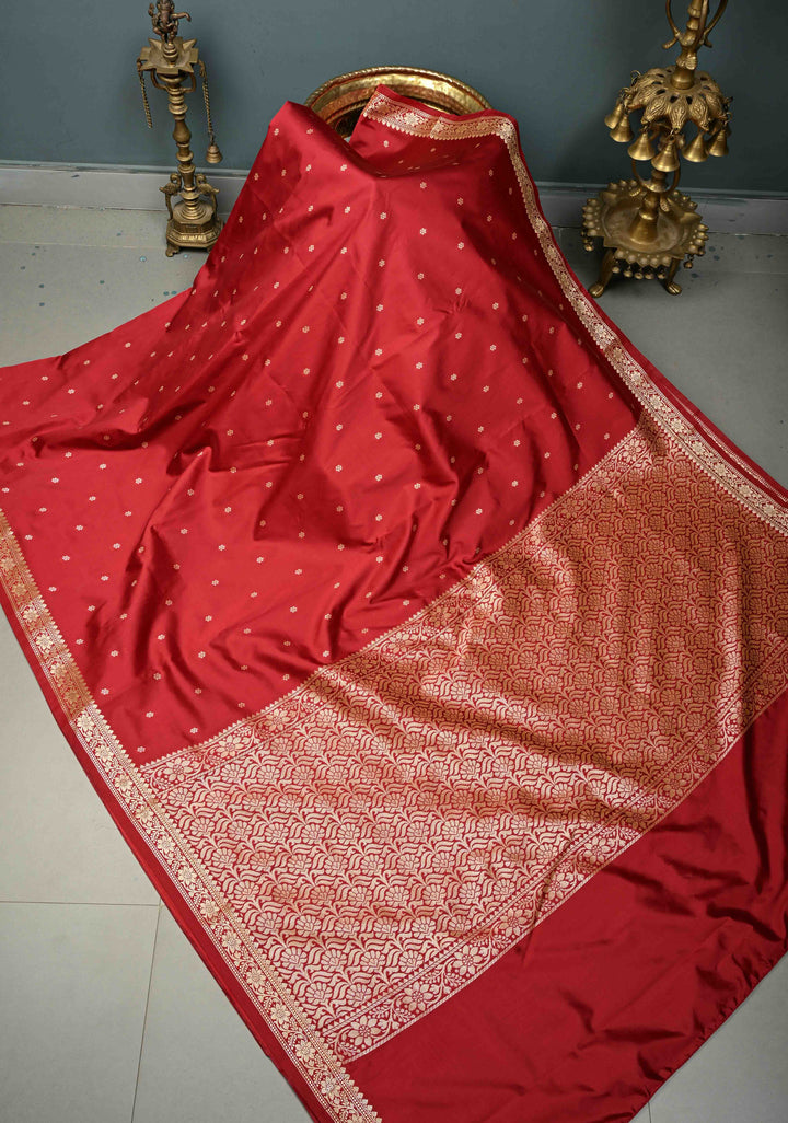 Rose Red Semi Silk Saree with Zari Buttis and Floral Minimal Zari Border | SHOBITAM