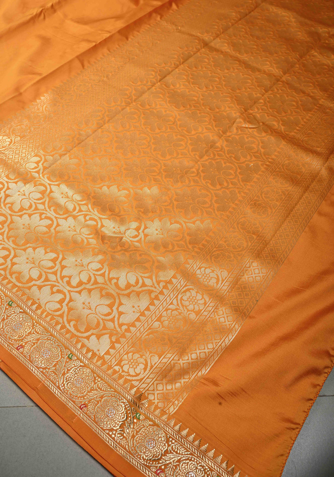 Mustard Semi Silk Saree with Meenakari Floral Minimal Zari Border | SHOBITAM