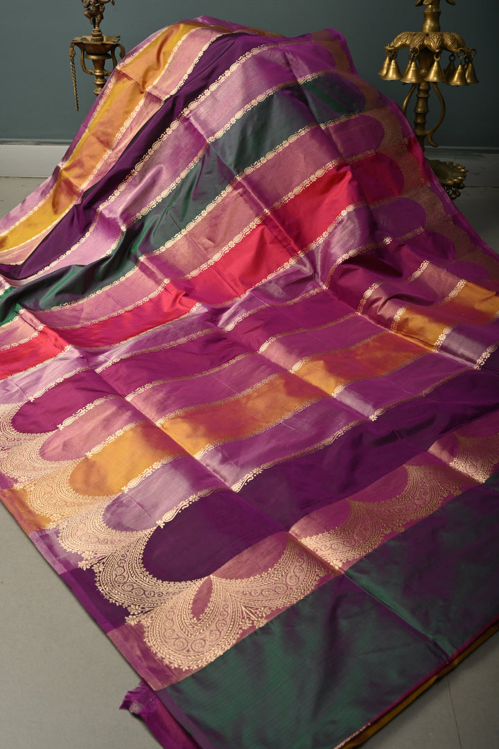 Multicolor Banarasi Katan and Tissue Silk Saree with Rangkaat  Design and Scallop Border | SILK MARK CERTIFIED | SHOBITAM