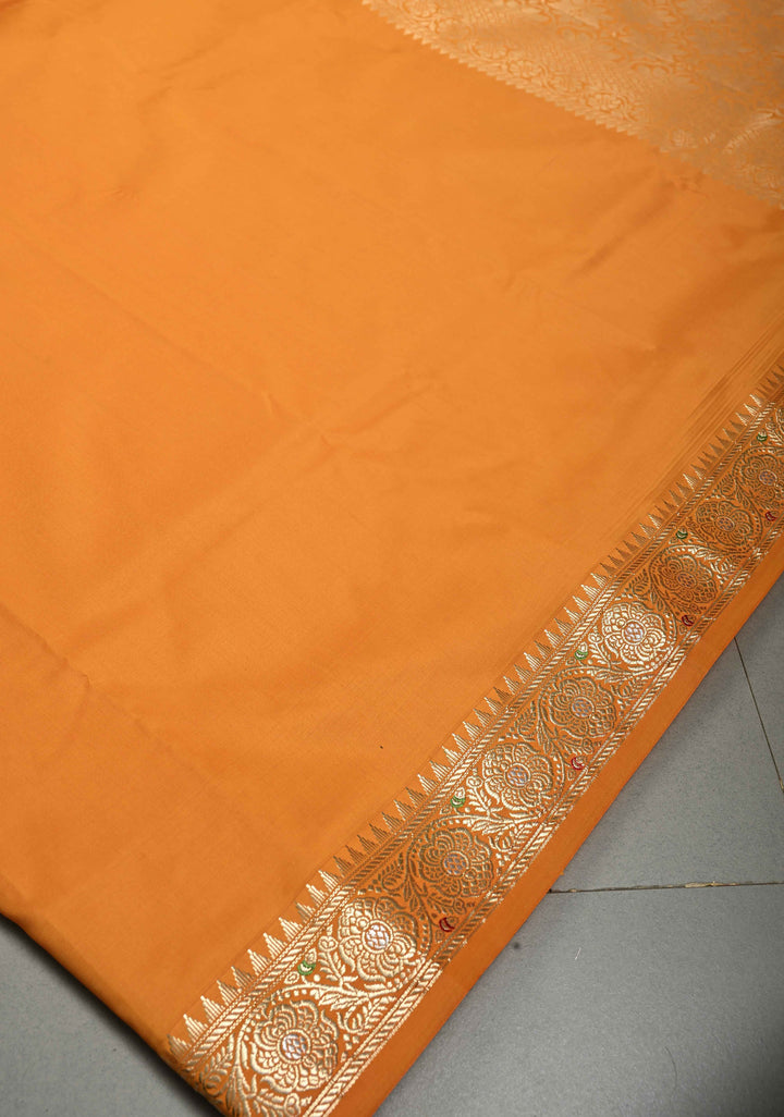 Mustard Semi Silk Saree with Meenakari Floral Minimal Zari Border | SHOBITAM