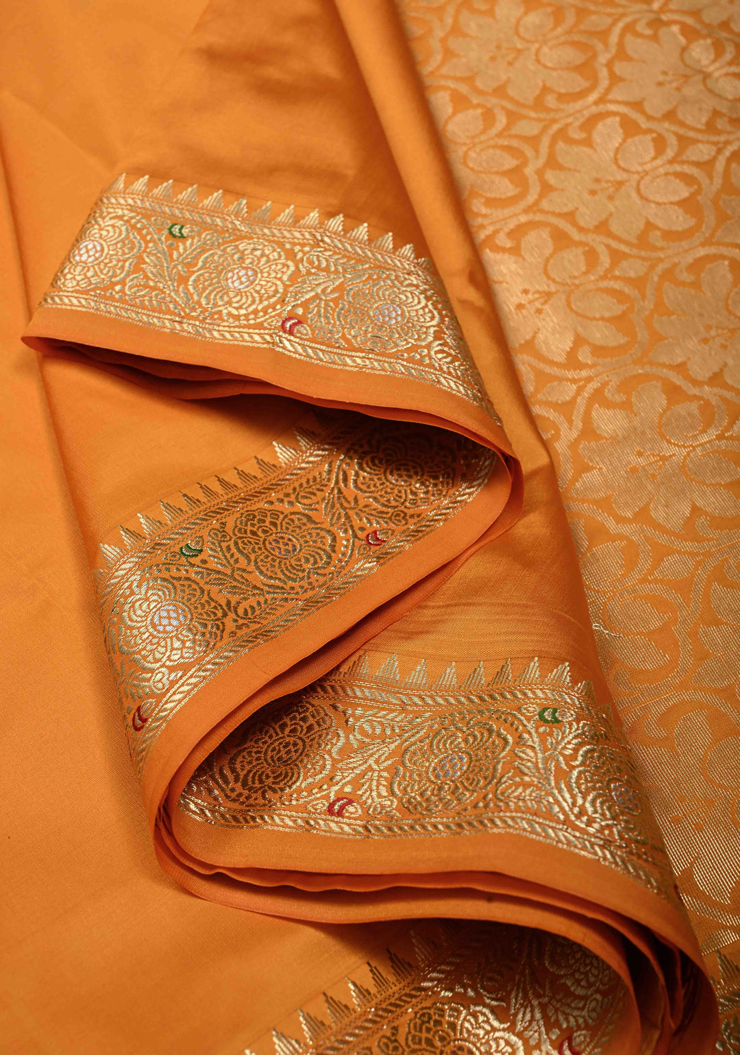 Mustard Semi Silk Saree with Meenakari Floral Minimal Zari Border | SHOBITAM