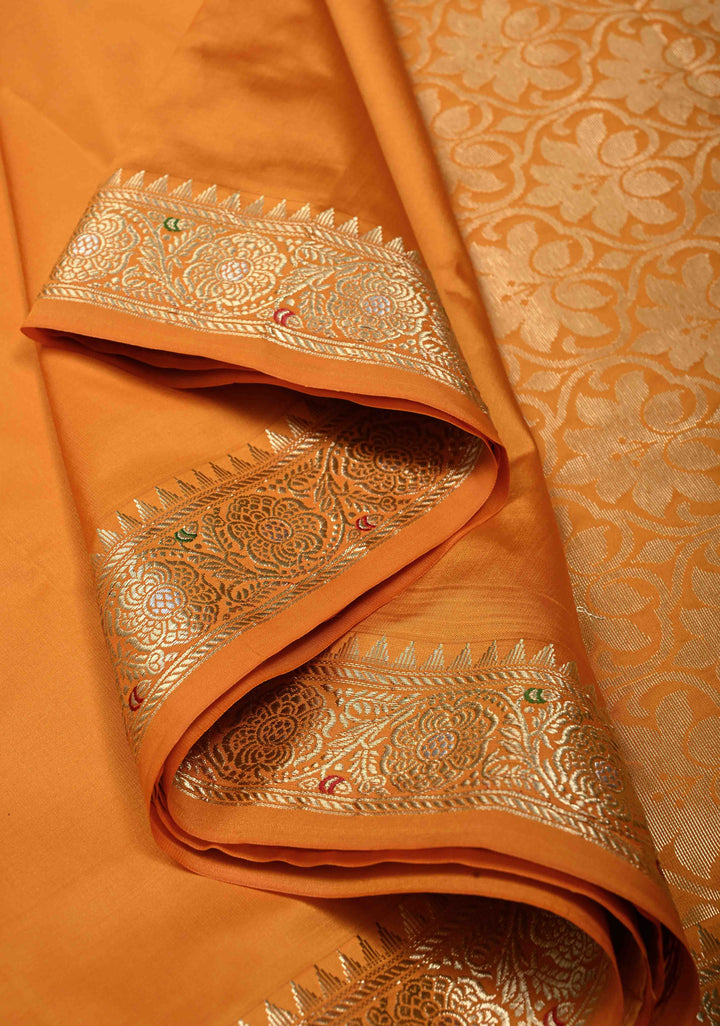 Mustard Semi Silk Saree with Meenakari Floral Minimal Zari Border | SHOBITAM