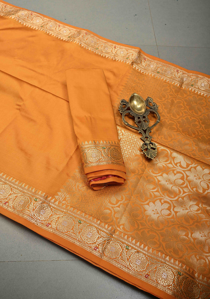 Mustard Semi Silk Saree with Meenakari Floral Minimal Zari Border | SHOBITAM