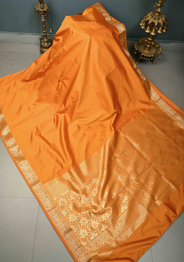 Mustard Semi Silk Saree with Meenakari Floral Minimal Zari Border | SHOBITAM