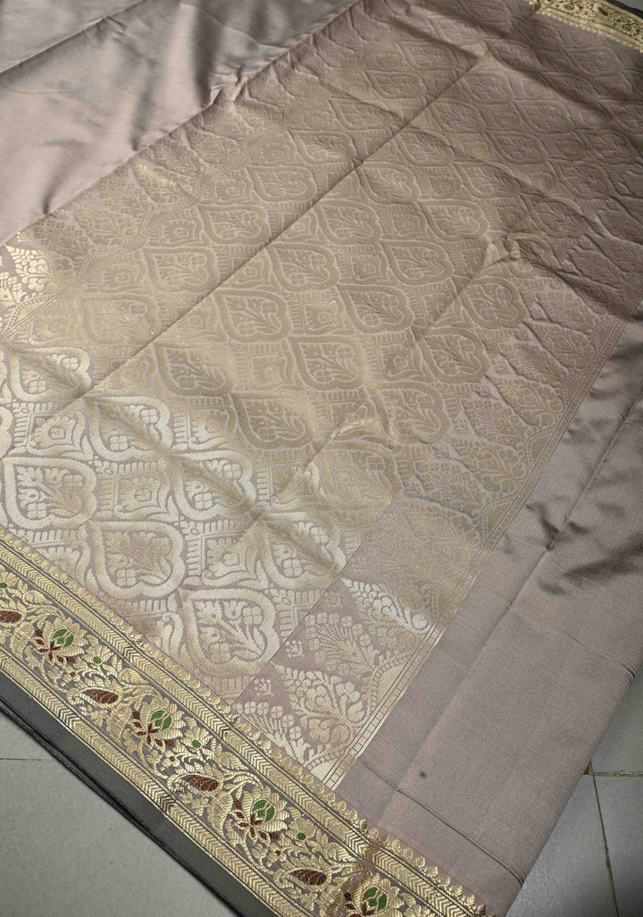 Stone Gray Semi Silk Saree with Meenakari Floral Minimal Zari Border | SHOBITAM