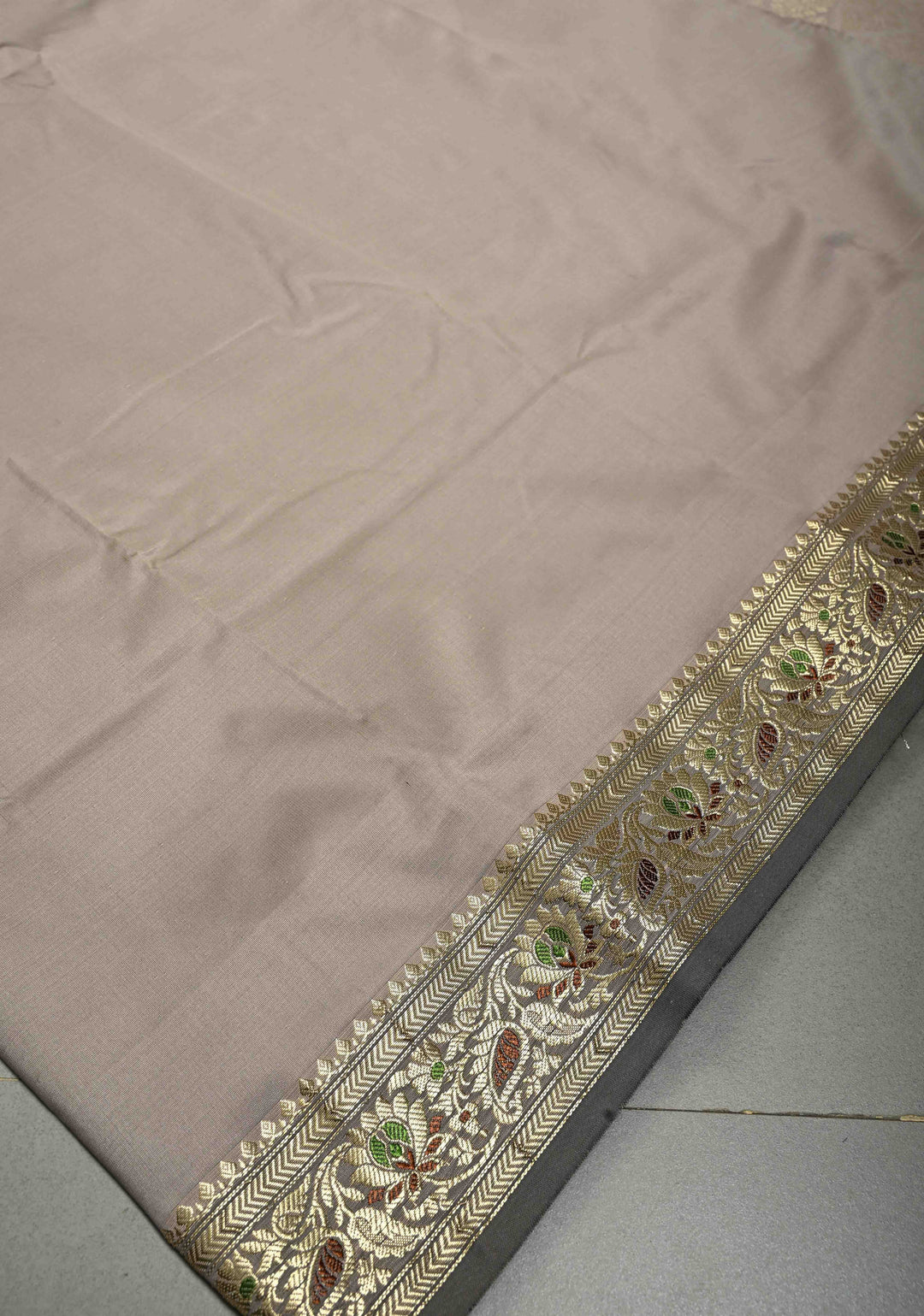 Stone Gray Semi Silk Saree with Meenakari Floral Minimal Zari Border | SHOBITAM