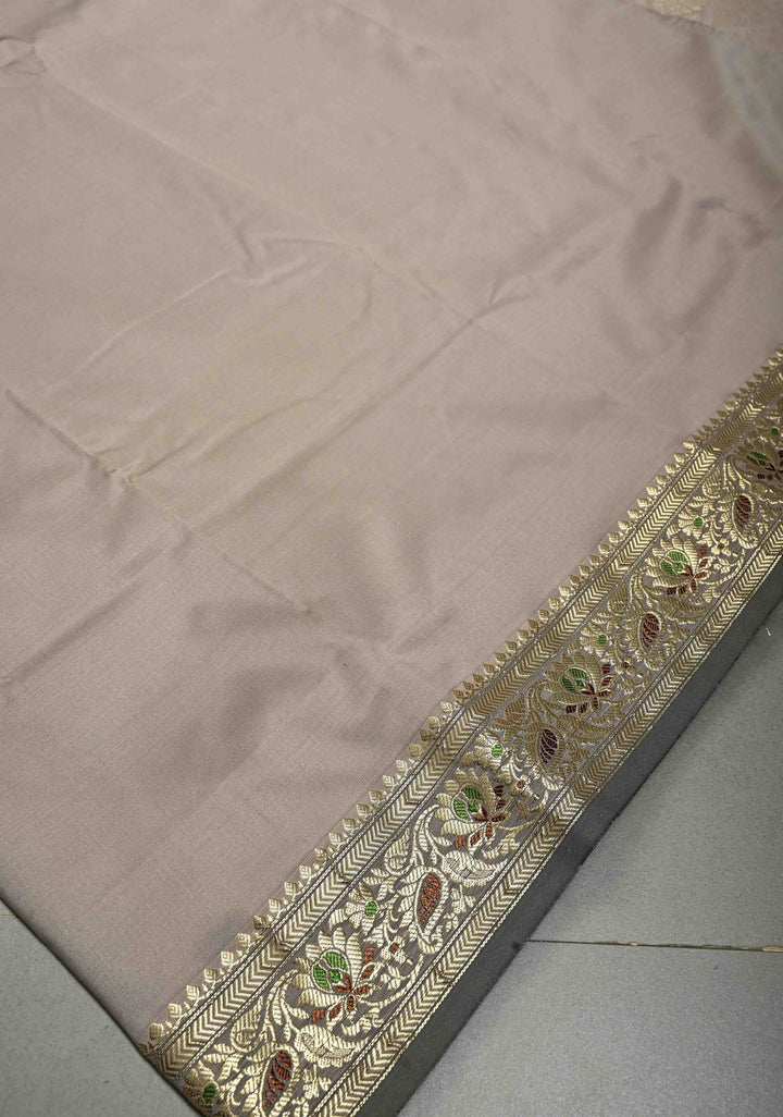 Stone Gray Semi Silk Saree with Meenakari Floral Minimal Zari Border | SHOBITAM