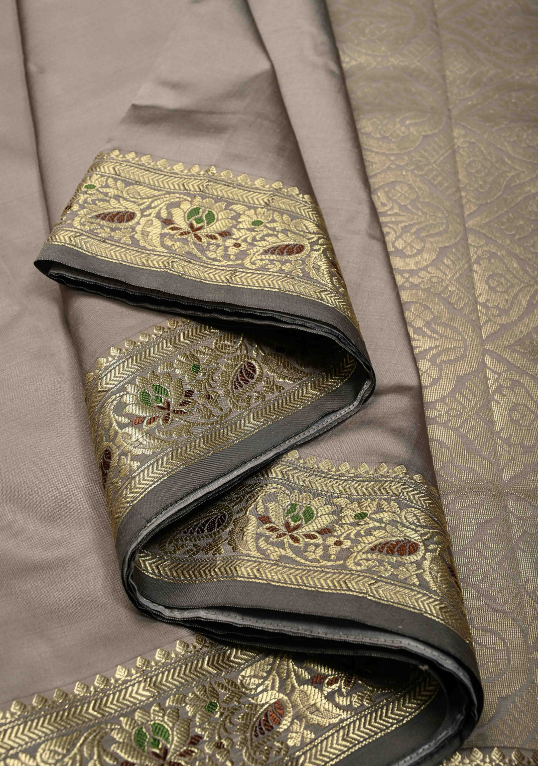 Stone Gray Semi Silk Saree with Meenakari Floral Minimal Zari Border | SHOBITAM