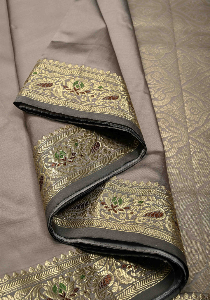 Stone Gray Semi Silk Saree with Meenakari Floral Minimal Zari Border | SHOBITAM