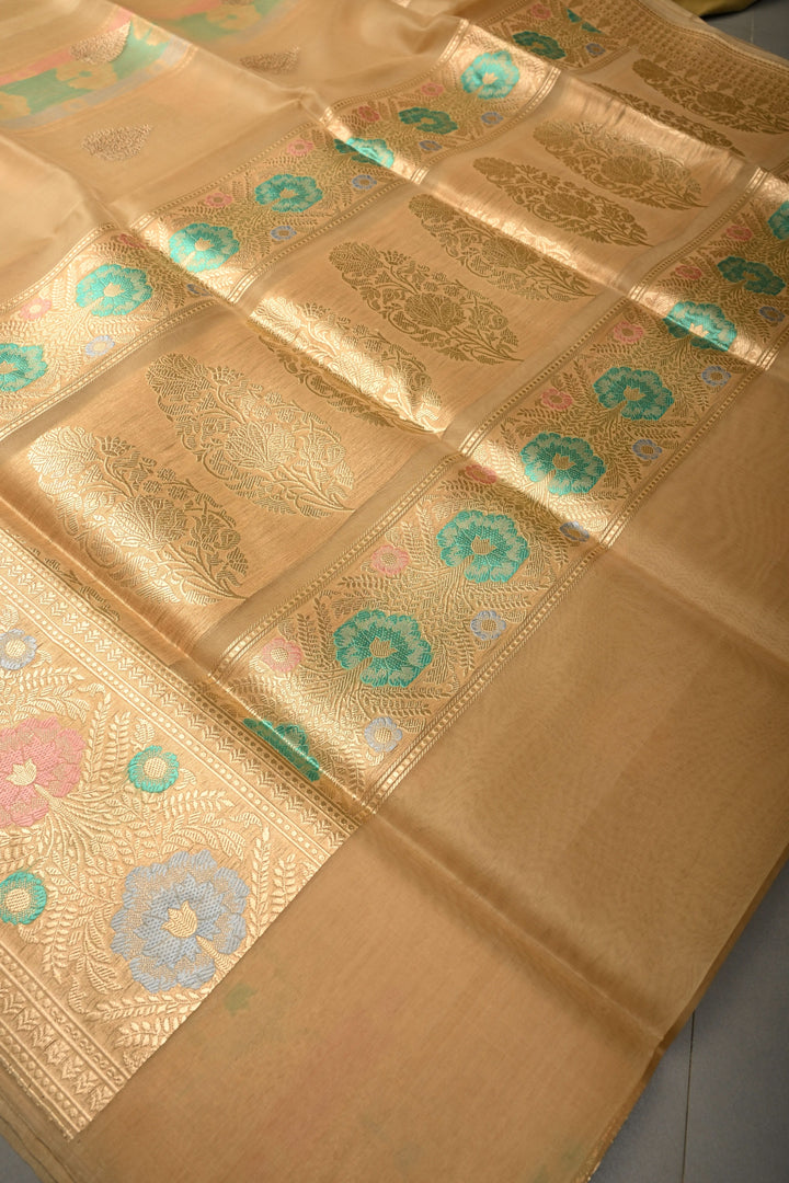 Chiku Pure Banarasi Silk Organza Saree with Damask Motif and Floral Meenakari Zari Border | SILK MARK CERTIFIED | SHOBITAM