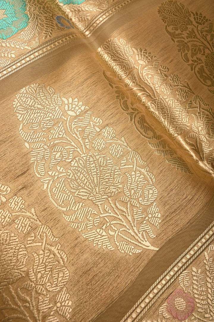 Chiku Pure Banarasi Silk Organza Saree with Damask Motif and Floral Meenakari Zari Border | SILK MARK CERTIFIED | SHOBITAM