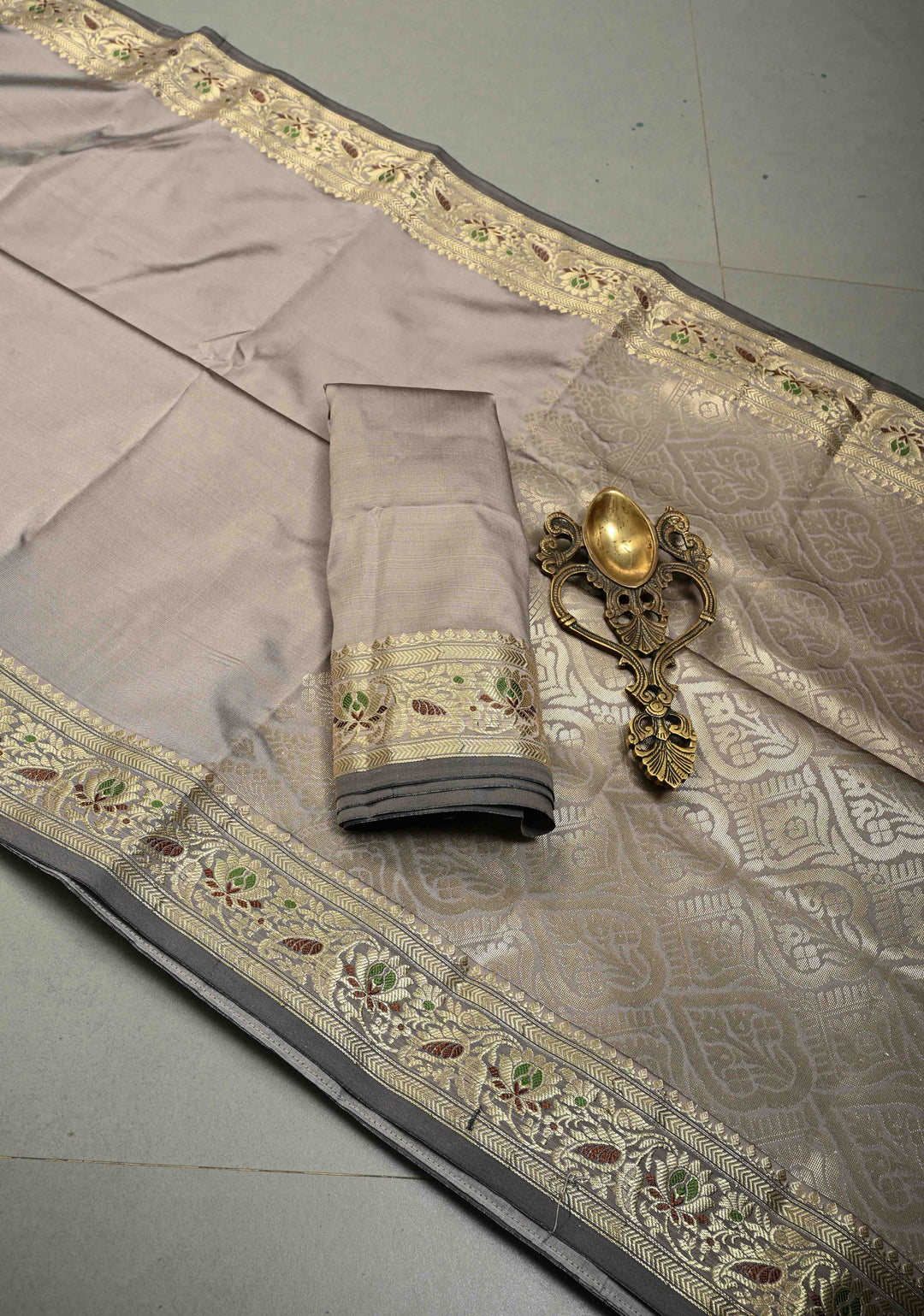 Stone Gray Semi Silk Saree with Meenakari Floral Minimal Zari Border | SHOBITAM