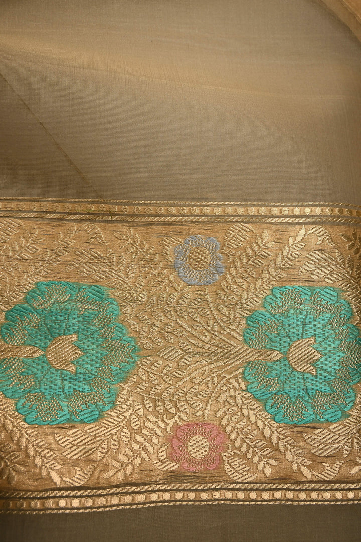 Chiku Pure Banarasi Silk Organza Saree with Damask Motif and Floral Meenakari Zari Border | SILK MARK CERTIFIED | SHOBITAM