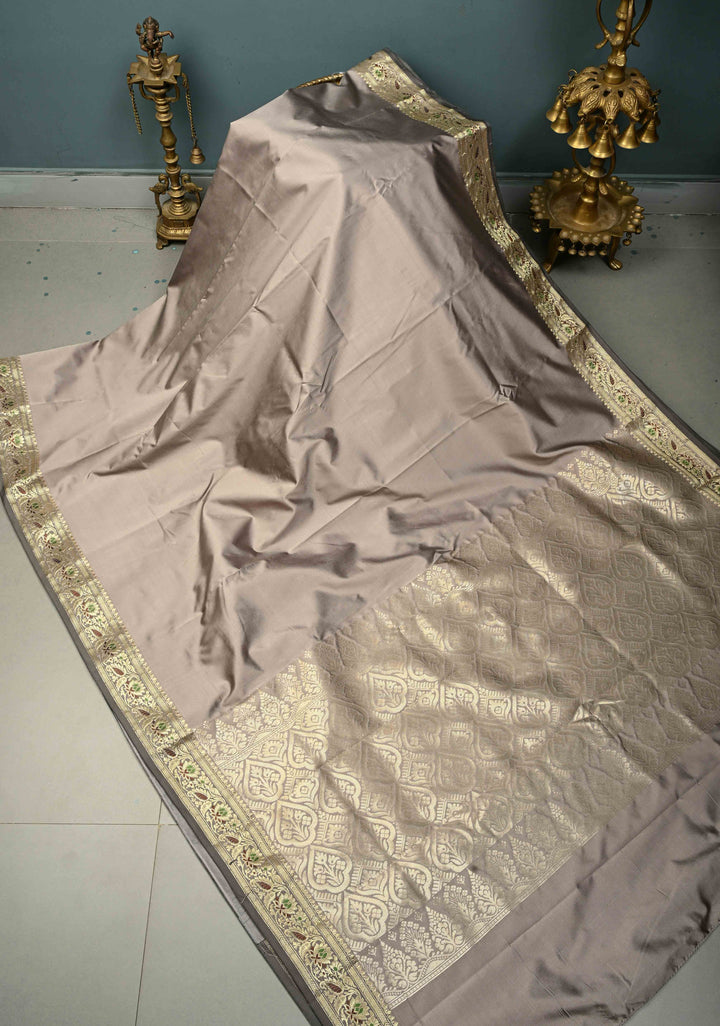 Stone Gray Semi Silk Saree with Meenakari Floral Minimal Zari Border | SHOBITAM