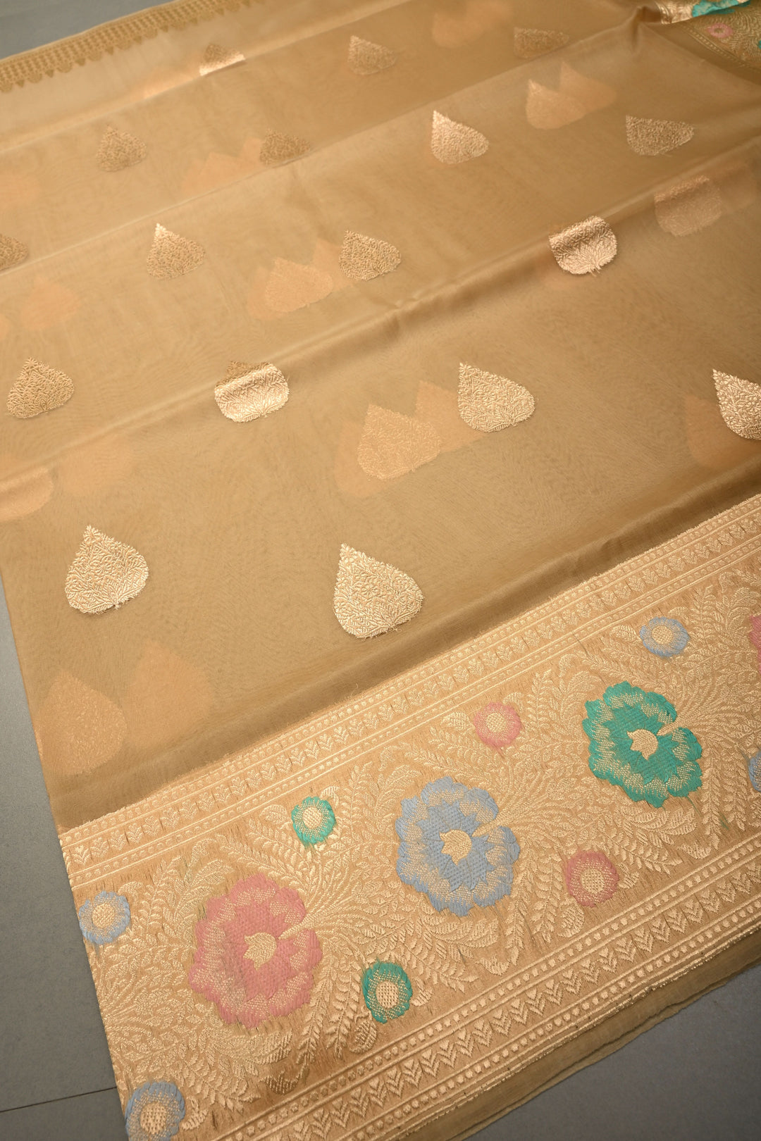 Chiku Pure Banarasi Silk Organza Saree with Damask Motif and Floral Meenakari Zari Border | SILK MARK CERTIFIED | SHOBITAM
