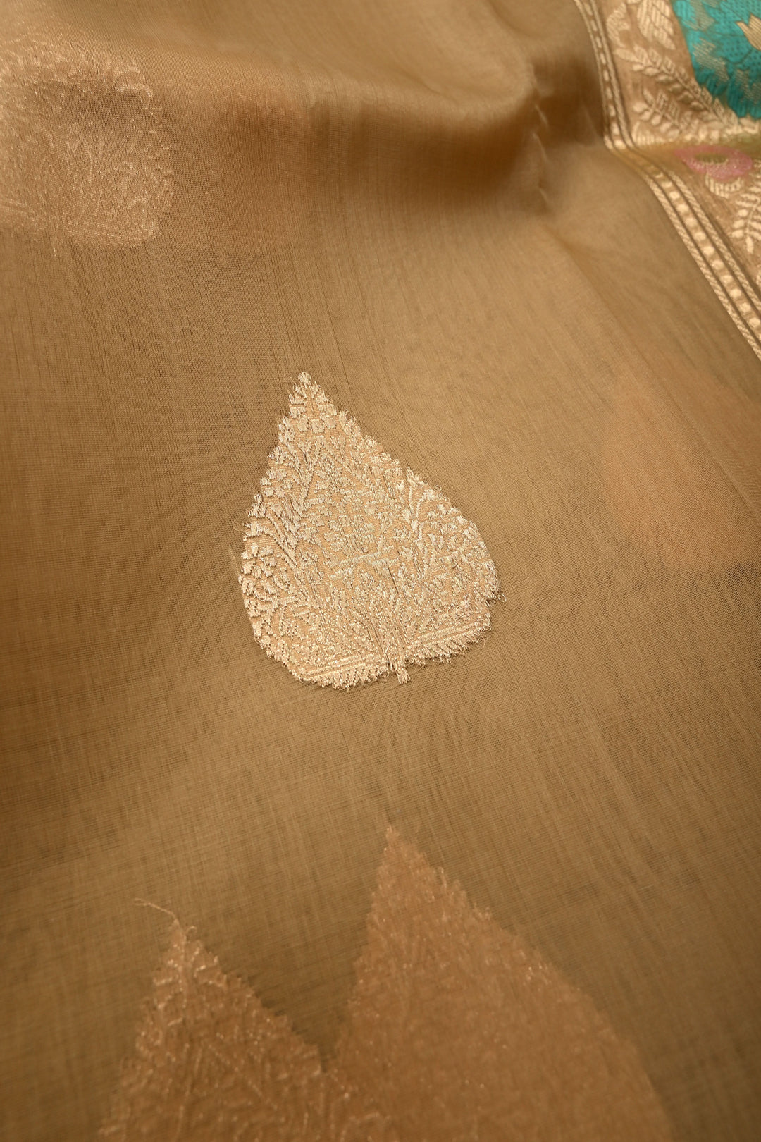 Chiku Pure Banarasi Silk Organza Saree with Damask Motif and Floral Meenakari Zari Border | SILK MARK CERTIFIED | SHOBITAM