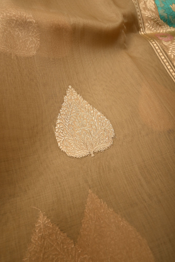 Chiku Pure Banarasi Silk Organza Saree with Damask Motif and Floral Meenakari Zari Border | SILK MARK CERTIFIED | SHOBITAM