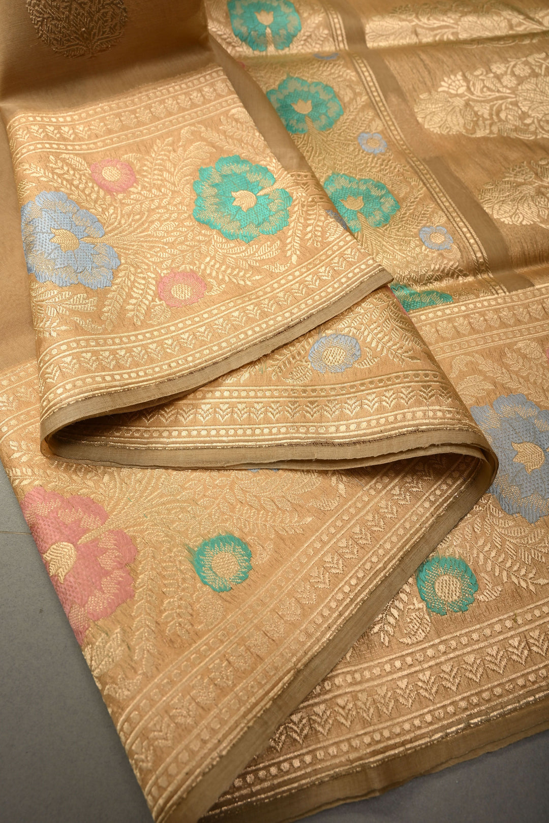 Chiku Pure Banarasi Silk Organza Saree with Damask Motif and Floral Meenakari Zari Border | SILK MARK CERTIFIED | SHOBITAM