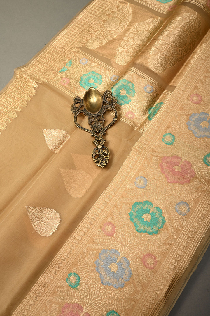 Chiku Pure Banarasi Silk Organza Saree with Damask Motif and Floral Meenakari Zari Border | SILK MARK CERTIFIED | SHOBITAM