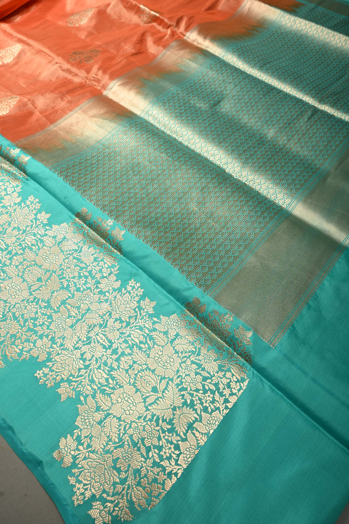 Orange Banarasi Katan Tissue Silk Saree with Floral Zari Buttas and Contrast Kadhiyal Border | SILK MARK CERTIFIED | SHOBITAM