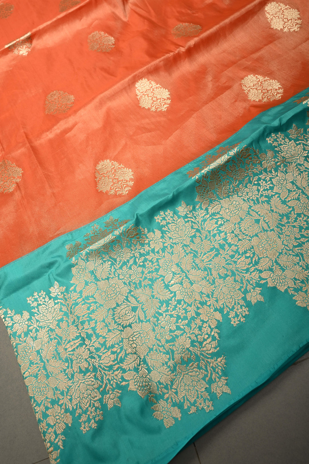Orange Banarasi Katan Tissue Silk Saree with Floral Zari Buttas and Contrast Kadhiyal Border | SILK MARK CERTIFIED | SHOBITAM