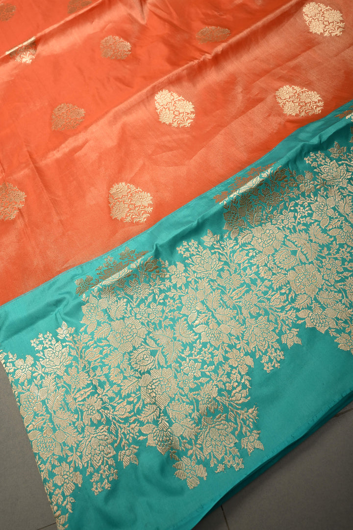 Orange Banarasi Katan Tissue Silk Saree with Floral Zari Buttas and Contrast Kadhiyal Border | SILK MARK CERTIFIED | SHOBITAM