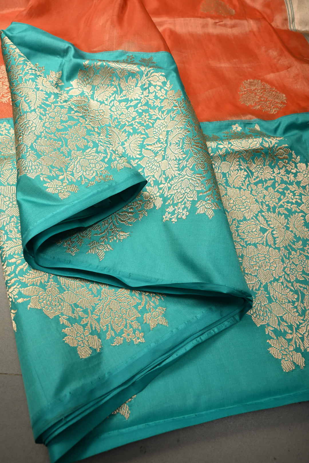 Orange Banarasi Katan Tissue Silk Saree with Floral Zari Buttas and Contrast Kadhiyal Border | SILK MARK CERTIFIED | SHOBITAM