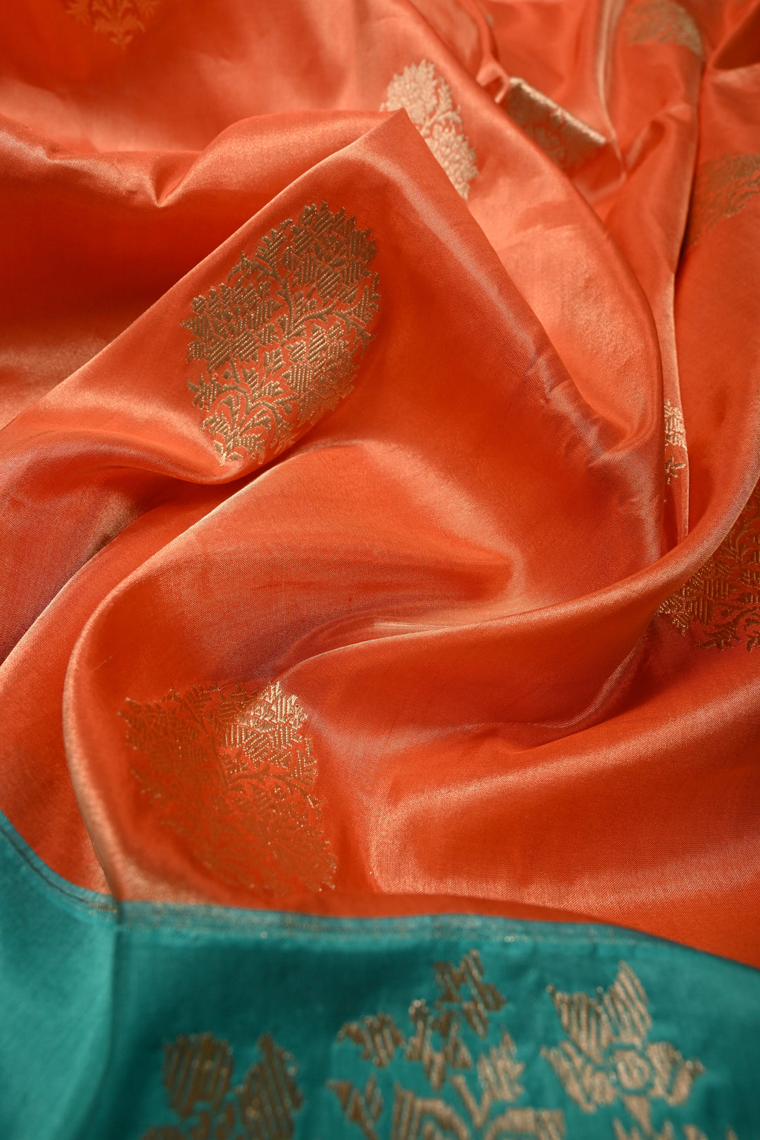 Orange Banarasi Katan Tissue Silk Saree with Floral Zari Buttas and Contrast Kadhiyal Border | SILK MARK CERTIFIED | SHOBITAM