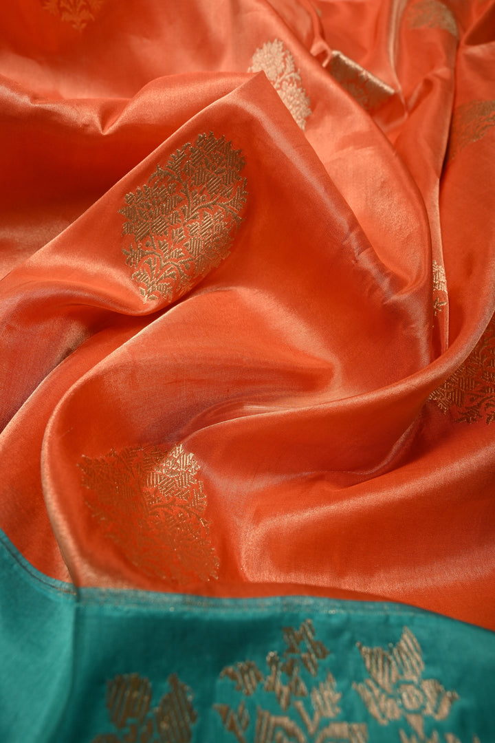 Orange Banarasi Katan Tissue Silk Saree with Floral Zari Buttas and Contrast Kadhiyal Border | SILK MARK CERTIFIED | SHOBITAM