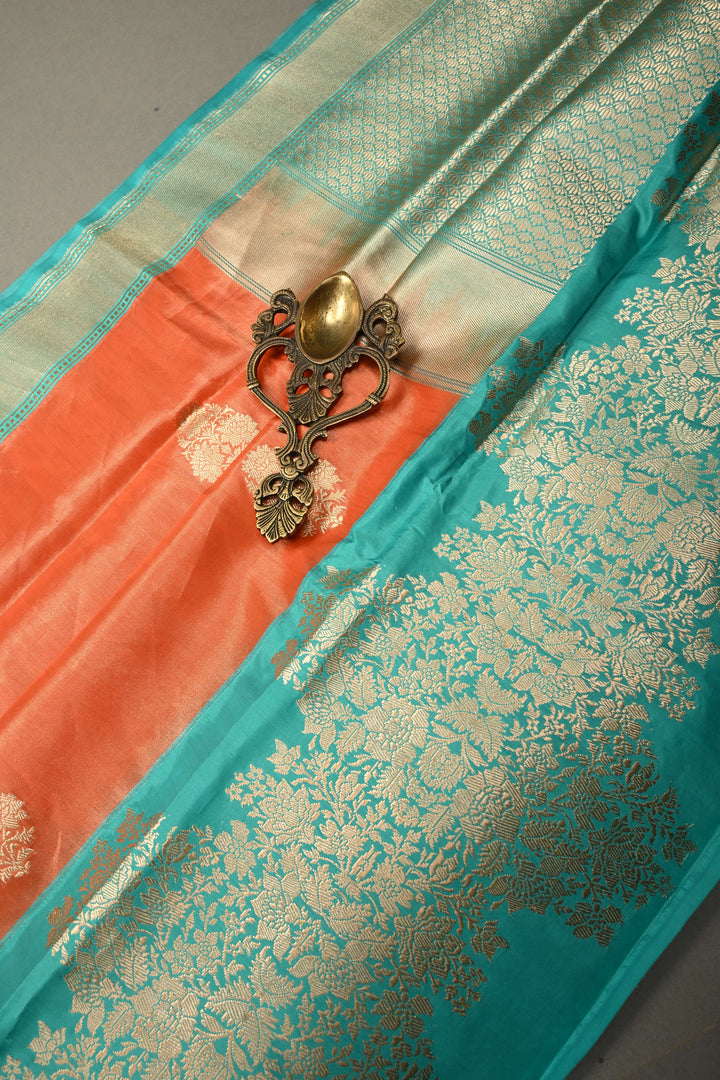 Orange Banarasi Katan Tissue Silk Saree with Floral Zari Buttas and Contrast Kadhiyal Border | SILK MARK CERTIFIED | SHOBITAM