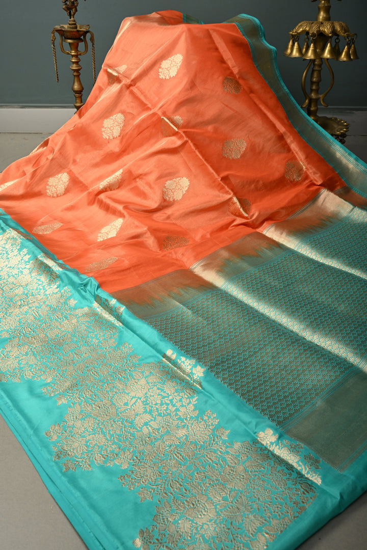 Orange Banarasi Katan Tissue Silk Saree with Floral Zari Buttas and Contrast Kadhiyal Border | SILK MARK CERTIFIED | SHOBITAM