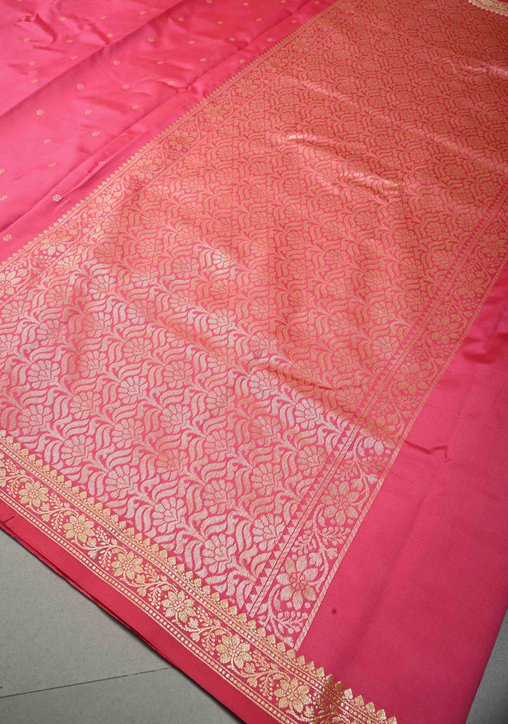 French Rose Semi Silk Saree with Zari Buttis and Floral Minimal Zari Border | SHOBITAM