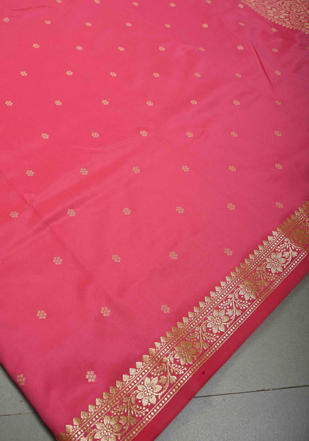 French Rose Semi Silk Saree with Zari Buttis and Floral Minimal Zari Border | SHOBITAM