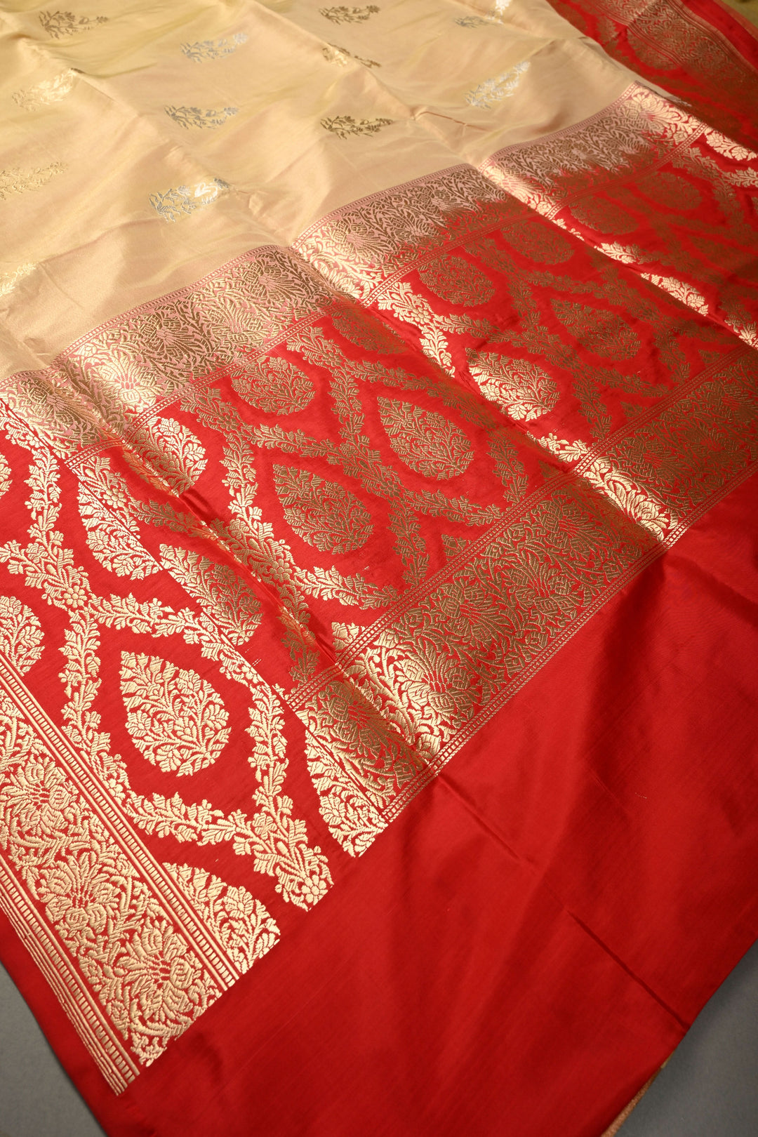 Sandalwood Banarasi Katan Tissue Silk Saree with Soan-Rupa Buttas and Contrast Zari Border | SILK MARK CERTIFIED | SHOBITAM