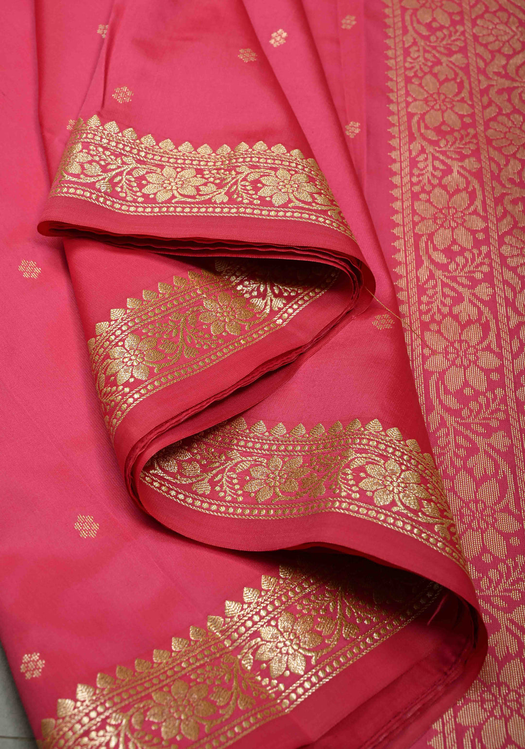 French Rose Semi Silk Saree with Zari Buttis and Floral Minimal Zari Border | SHOBITAM
