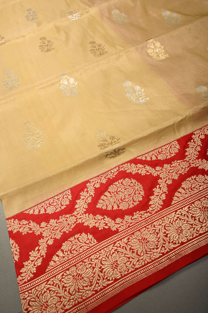Sandalwood Banarasi Katan Tissue Silk Saree with Soan-Rupa Buttas and Contrast Zari Border | SILK MARK CERTIFIED | SHOBITAM