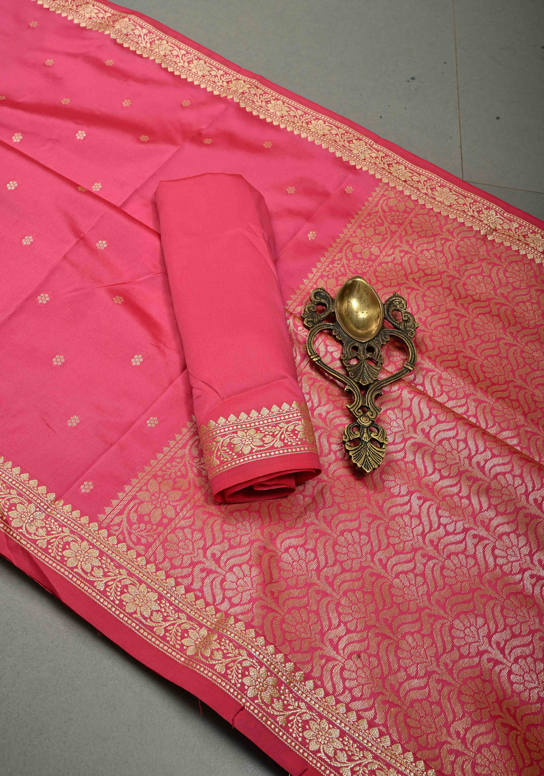 French Rose Semi Silk Saree with Zari Buttis and Floral Minimal Zari Border | SHOBITAM