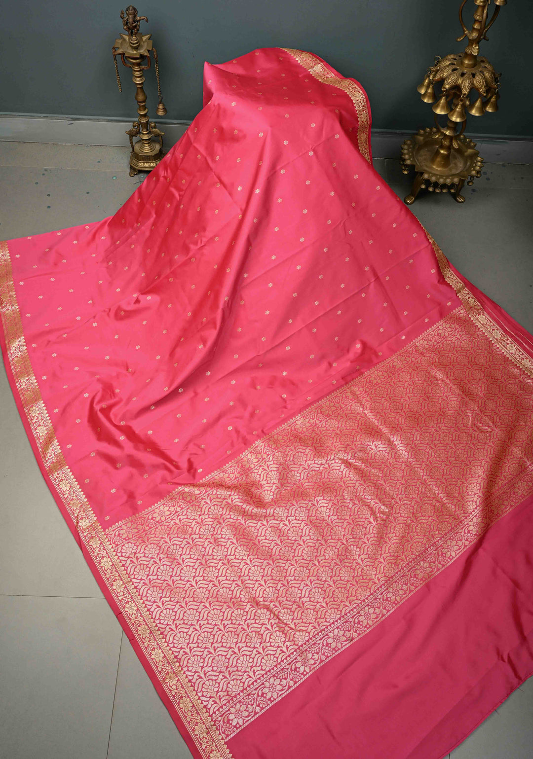 French Rose Semi Silk Saree with Zari Buttis and Floral Minimal Zari Border | SHOBITAM