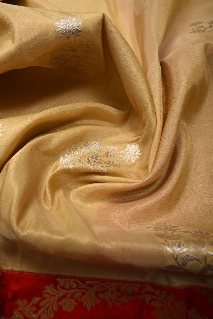 Sandalwood Banarasi Katan Tissue Silk Saree with Soan-Rupa Buttas and Contrast Zari Border | SILK MARK CERTIFIED | SHOBITAM