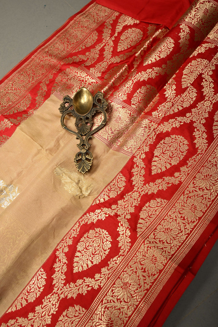 Sandalwood Banarasi Katan Tissue Silk Saree with Soan-Rupa Buttas and Contrast Zari Border | SILK MARK CERTIFIED | SHOBITAM