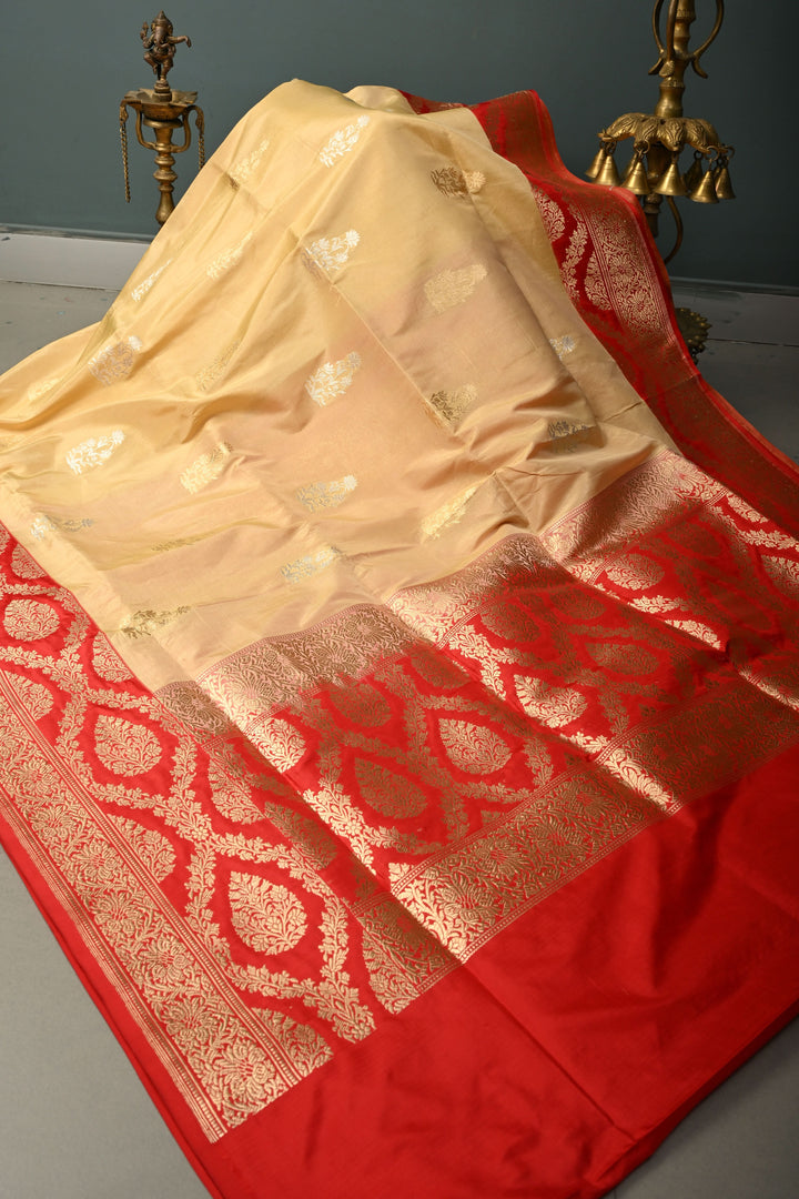 Sandalwood Banarasi Katan Tissue Silk Saree with Soan-Rupa Buttas and Contrast Zari Border | SILK MARK CERTIFIED | SHOBITAM