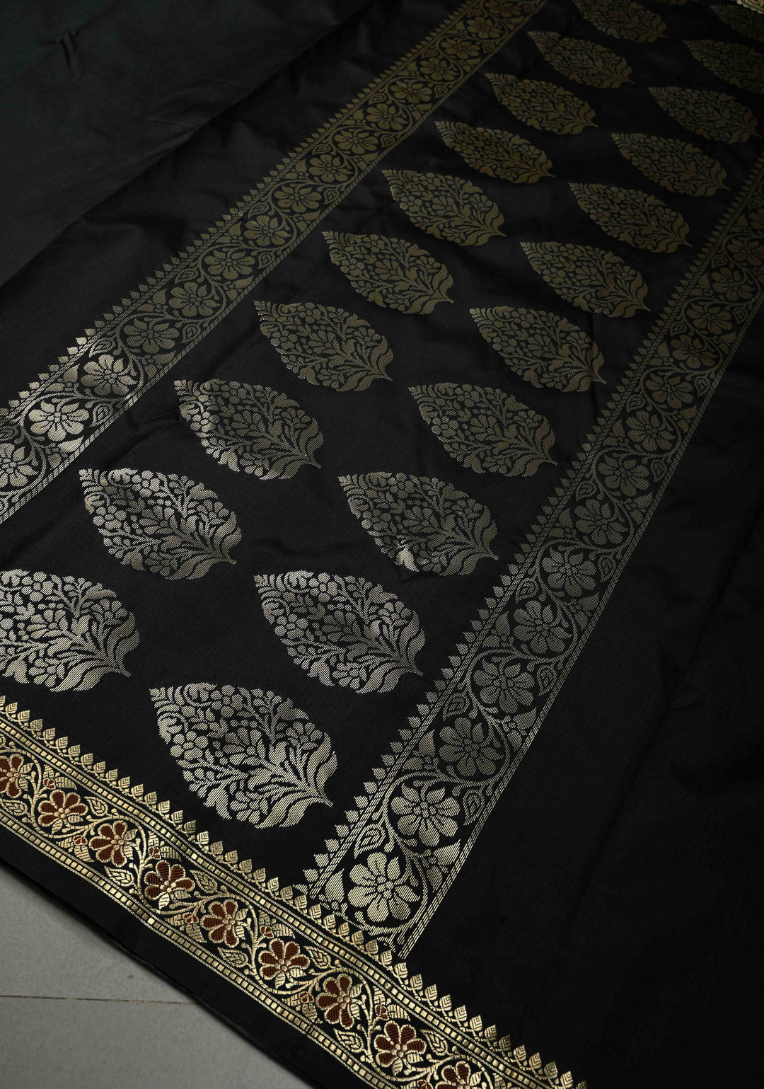 Black Semi Silk Saree with Meenakari Floral Minimal Zari Border | SHOBITAM