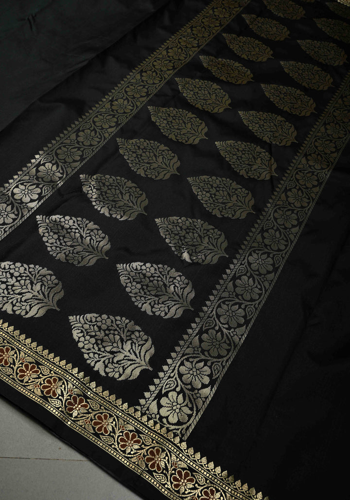 Black Semi Silk Saree with Meenakari Floral Minimal Zari Border | SHOBITAM